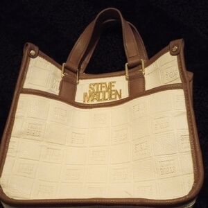 STEVE MADDEN "BSIDRA" MINI TOTE BAG - (USED; NO SHOULDER STRAP) --- CREAM & TAN